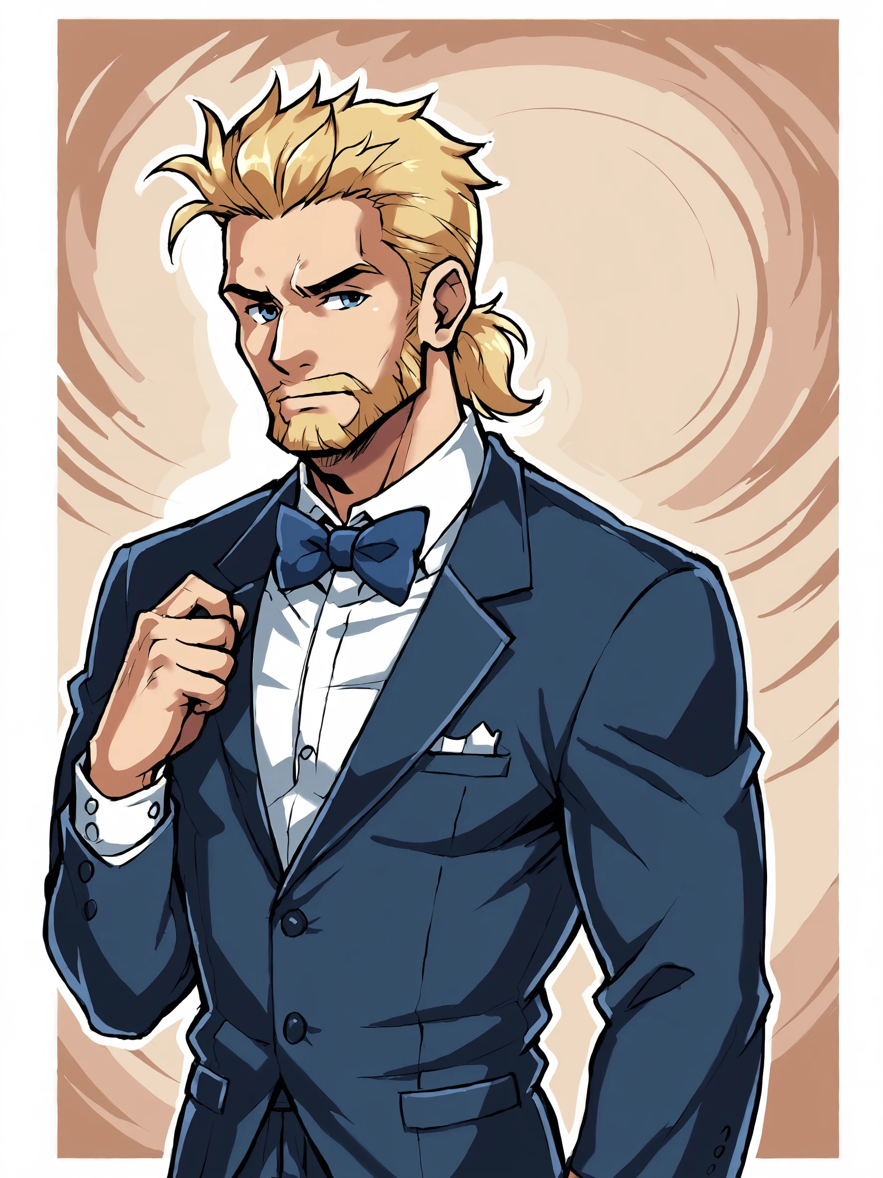 score_9, score_8up, score_7up, score_6up, score_5up, score_4up, source_anime, rating_explicit, BREAK
abstract background, BREAK
male, ff6sabin, blonde hair, ponytail, beard, BREAK
tuxedo, bowtie, BREAK
<lora:Sabin_Mash_Rene_Figaro_-_Final_Fantasy_VI_-_PDXL:.8>