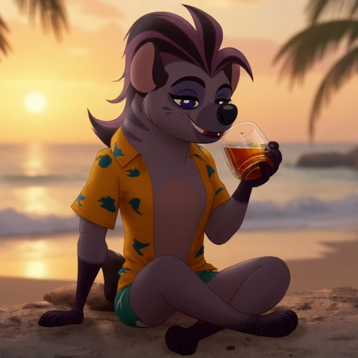 score_9, score_8_up, score_7_up, (((Barefoot furry character, full body, cinematic setting, furry female, anthro, plantigrade))), (((Jasiri))), hyena girl, solo, in a (((yellow Hawaiian shirt))) with green or purple pattern, wearing shorts, prominent breasts, leather bracelets, leather anklets, nice feet paws, feet towards the viewer, feet POV, (((female stylish sandals))), dynamic pose, smile, drinks whiskey, (((drunk))), sleepy, sitting on beach, near beach bar, (((sunset))), (((outdoors))), focus on feet paws, (((dutch angle))) BREAK, intricate details, highly detailed, extreme detail, octane render, fine art, best quality, highres, (detailed face:1.5), ((full_body)), UHD, (((perfect hands))), low light, anime