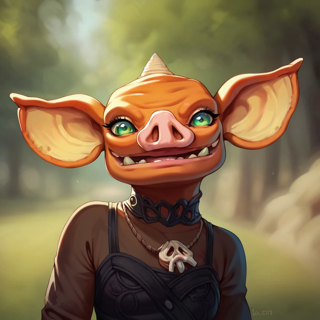 (((detailed, beautiful, high quality))), score_9, score_8_up, score_7_up, upper body,
bokoblin, big ears, big eyes, horn,
1girl, green eyes, yellow skin, black dress,
rustic background, looking at the viewer, posing, blurred background,