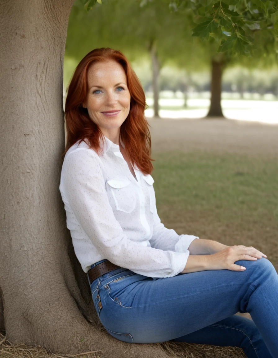 score_9, score_8_up, score_7_up, score_9, score_8, score_7 etc. source_realism, (masterpiece):1.4), ( best quality:1.1), portrait Gina, mature redhead, freckles, wearing blue jeans and a white shirt, sitting under an oak tree, cute smile, fine details, very detailed, 4K, 8K