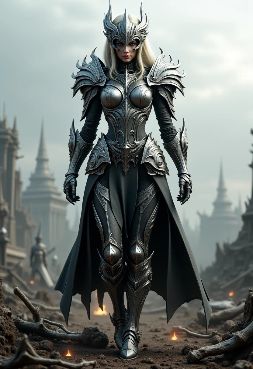 <lora:Dark_Knights_Flux-000001:1> highly detailed, CGI-rendered artwork depicting a female flux_dk standing in a desolate, post-apocalyptic battlefield. She is clad in intricate, ornate, silver armor and a helmet.