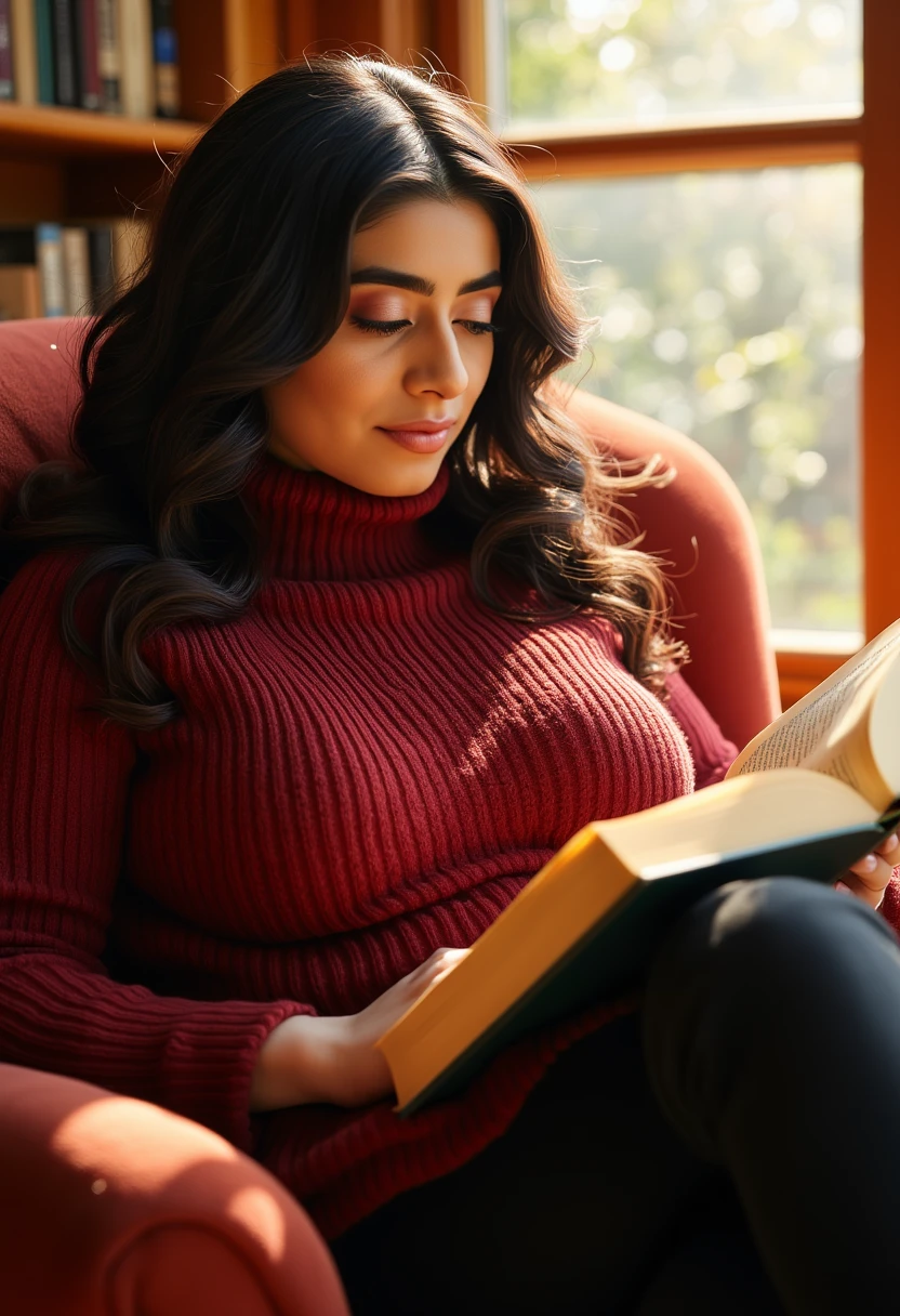 Create a cozy portrait of a curvy Latina woman engrossed in reading. Use a warm, inviting style inspired by the works of Edward Hopper. The subject has a voluptuous figure and is wearing a soft, chunky knit turtleneck sweater in a rich burgundy color that complements her curves. She's curled up in a plush armchair by a large window, holding an open hardcover book. Warm afternoon light filters through the window, casting a golden glow on her face and the pages of the book. The background suggests a home library or a quiet corner of a bookstore, with bookshelves visible. Employ gentle, natural lighting to create a comfortable and intimate atmosphere. Use a color palette of deep reds, warm browns, and soft creams to evoke a sense of warmth and contemplation