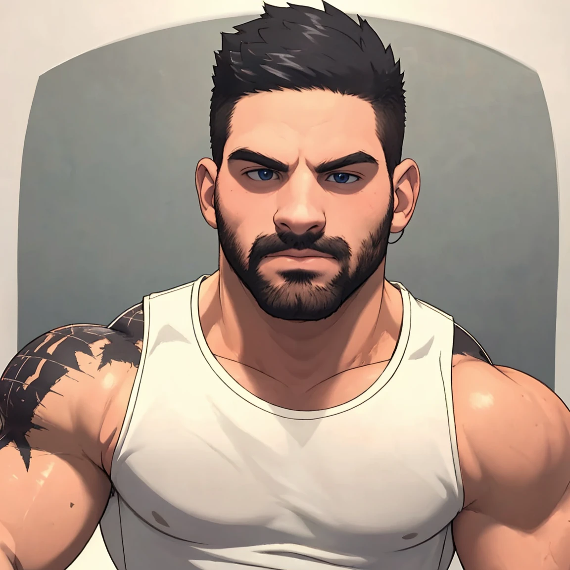 t-shirt, muscular, tank top, biceps, tank top. face lorenzo viota, strong, muscular, beard, hair, skin, eyes, male face, beauty, elegant, face, masterpiece, high details, high quality, (anime:1.1), ultra quality, highly detailed, ultra HD, <lora:Lorenzo Viota:0.55>