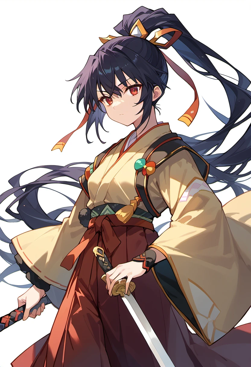 score_9, score_8_up, score_7_up, source anime, yamamoto isoroku, 1girl, high ponytail, black hair, very long hair, hair ornament, hair ribbon, wide sleeves, ribbon-trimmed sleeves, red hakama, hakama skirt, holding sword, red eyes, white background, <lora:yamamoto_isoroku-xl-pony-v1:0.7>,