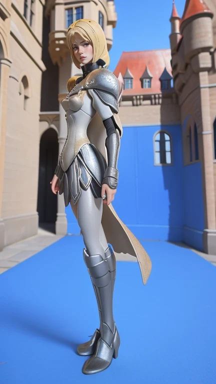 close-up, a woman as a Knight, action figure style, ((in front of a magnificent castle)), professional photograph, masterpiece, best quality, 8K, 16K, UHD, photorealistic, solo