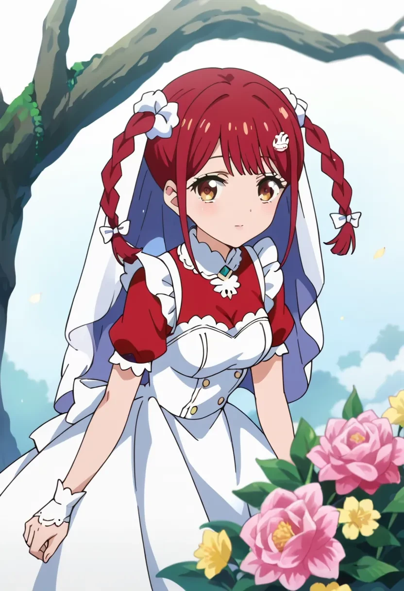 score_9, score_8_up, score_7_up, score_6_up,
source_anime, masterpiece, anime screencap,

Tokonome Mamori, source_anime, 1girl, solo, bangs, hair ornament, brown eyes, braid, red hair, twin braids

bride, white dress, flowers