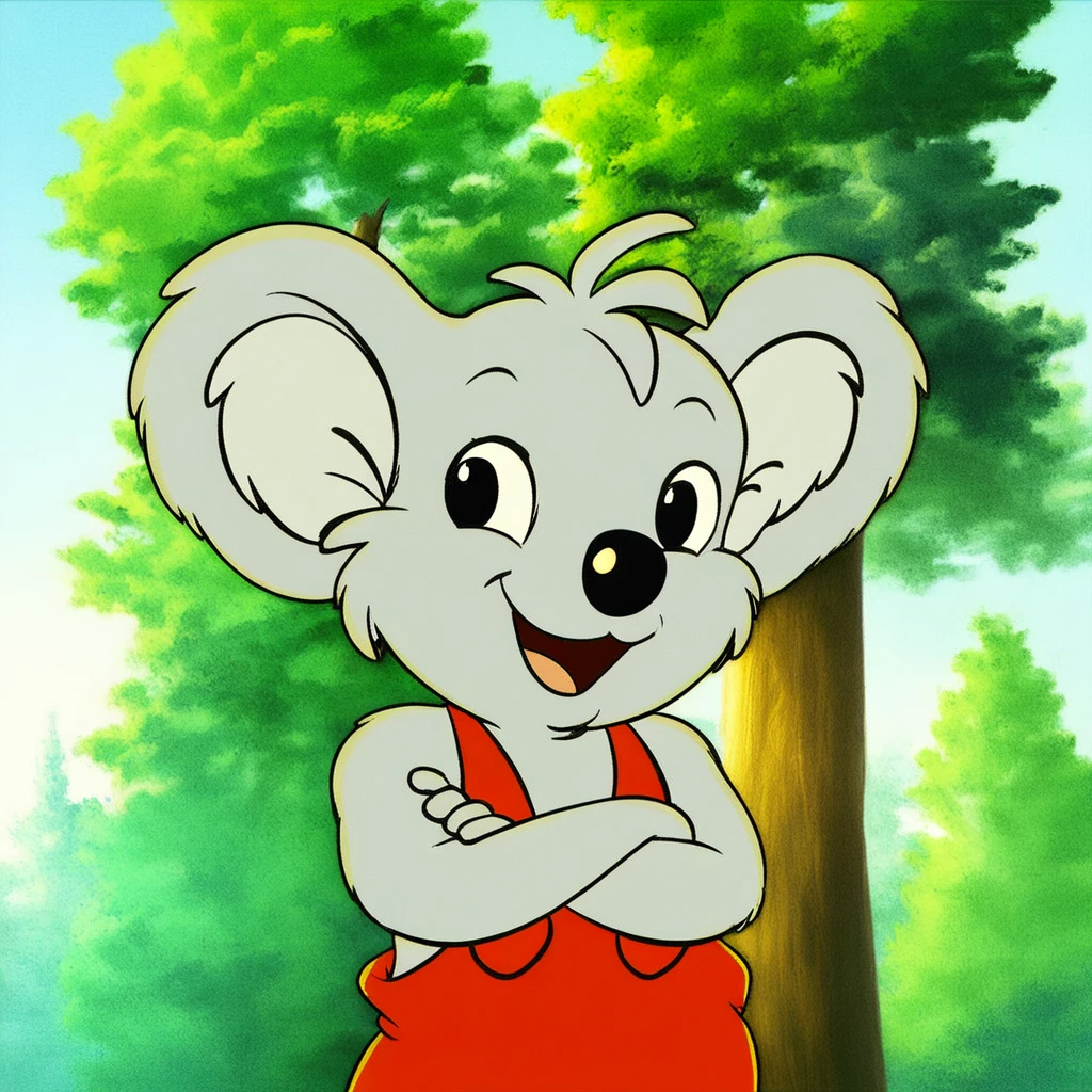 smile, :3, blinky_bill, anthro, tree, crossed arms, furry, overalls, solo, standing, open mouth, outdoors