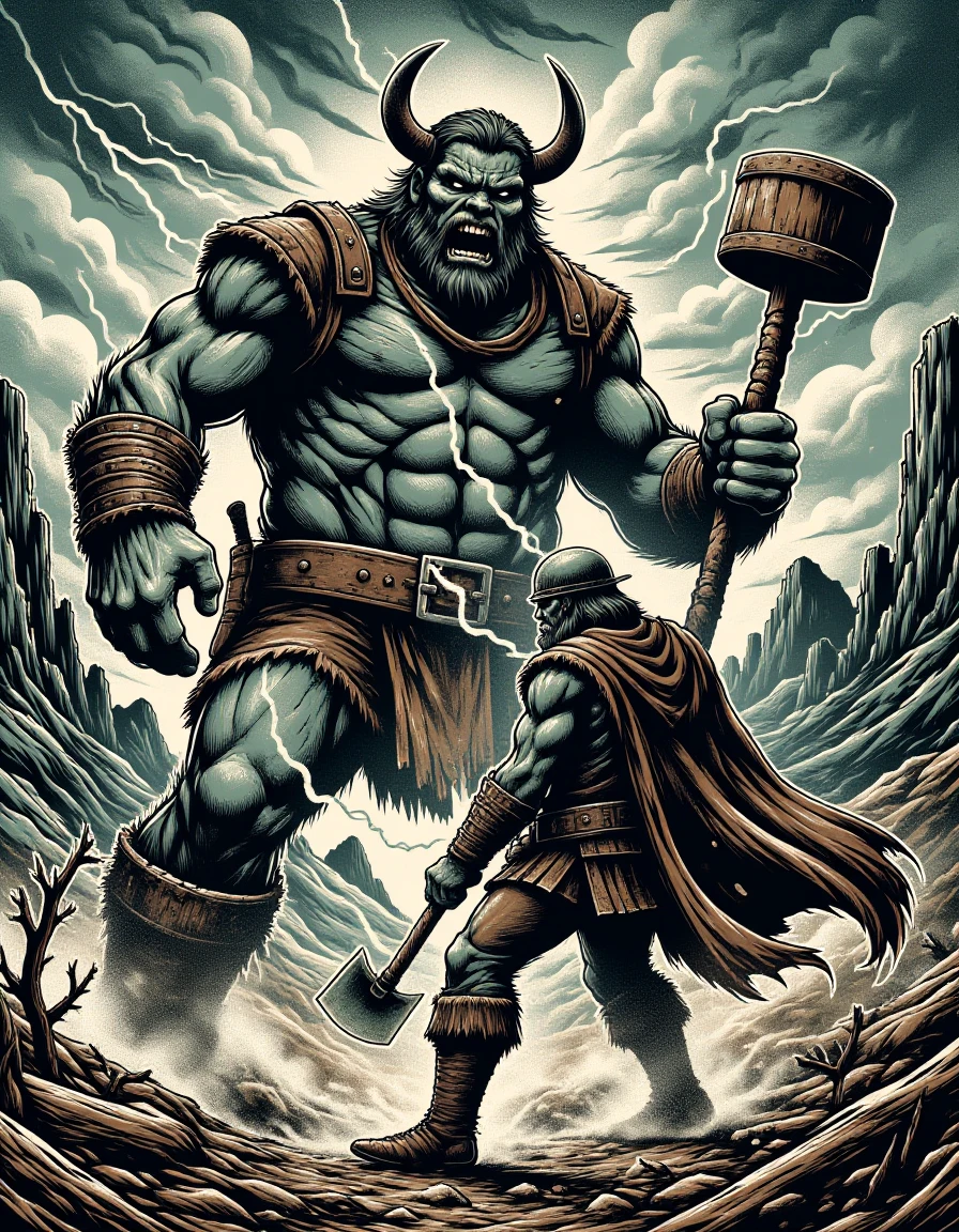 An epic scene of a barbarian warrior battling a giant in a rugged, mountainous landscape. The warrior, wielding a massive axe, strikes at the towering giant, who retaliates with a huge club. The ground shakes with each blow, and the sky is filled with dark clouds and lightning. The style is dynamic and intense, capturing the raw power and heroism of the battle
<lora:Western_Comic:0.8>