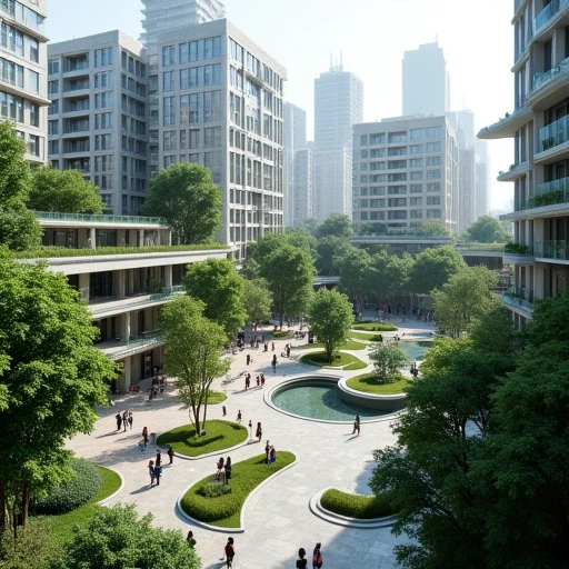 URBAN-FOLDING,overlook of a modern building, plaza in urbun, stepped squares, sunken squares, sky bridges, ramps, culverts, water features, natural landscapes, street furniture, park facilities, Avant-garde design, organicism, futurism, ecological city, citizen activity square, landmark in city, Spectacular, landscapes, details, depth of field, long shot,