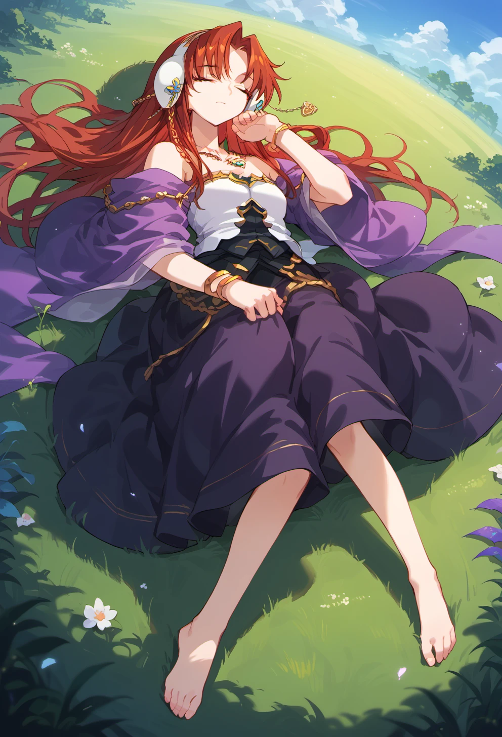 score_9, score_8_up, score_7_up, source anime, willis fujisaki, 1girl, solo, long hair, red hair, jewelry, dress, bracelet, closed eyes, bare shoulders, necklace, braid, earmuffs, barefoot, lying on grasslands, grasslands, sky from above, <lora:willis_fujisaki-xl-pony-v1:1>,