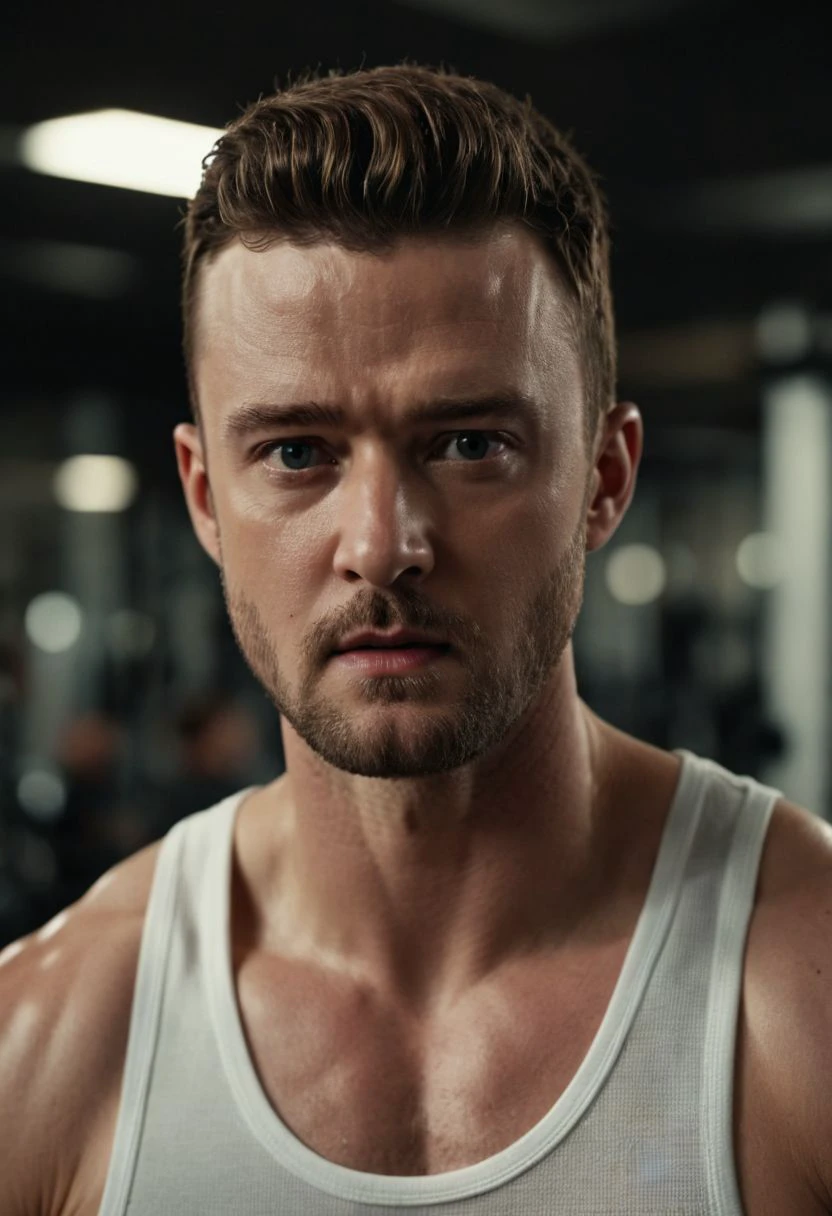 Justin Timberlake a man <lora:Justin-Timberlake:1>,  cinematic film still, ((sweaty)), tanktop, gym, working out, lifting weights, dynamic pose . shallow depth of field, vignette, highly detailed, high budget, bokeh, cinemascope, moody, epic, gorgeous, film grain, grainy  8k, highly detailed,  ultra-realistic,