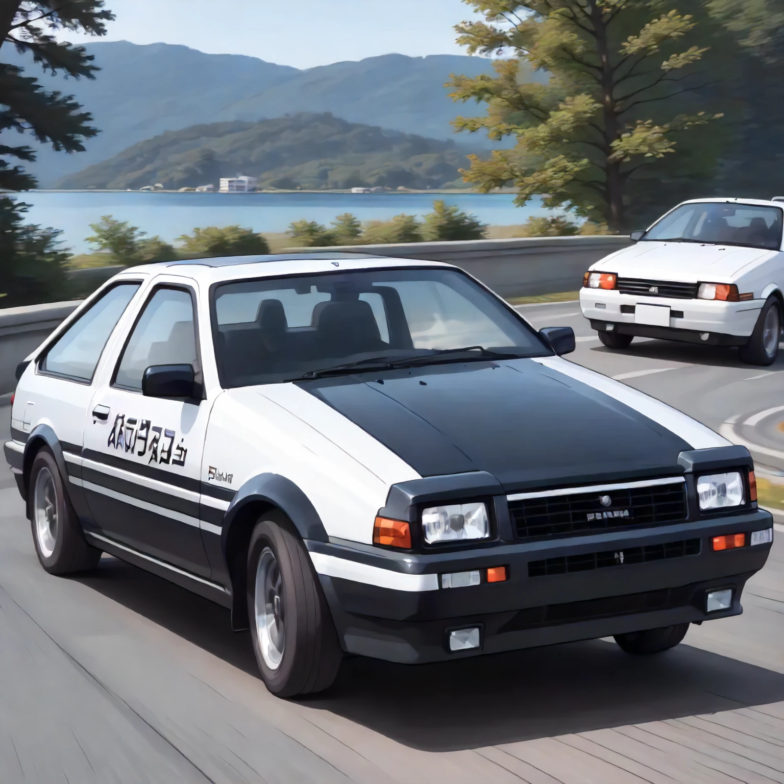 <lora:ID_TakumiFujiwaraXLpony004>,
outdoors,
solo,
AE86,car,two-tone color,