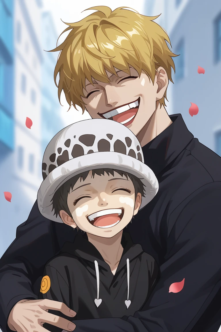 score_9, score_8_up, score_7_up, source_anime, rating_safe, bloom, father and son focus, carrying, CorazonOP, blonde_Corazon_male hair, blue-red_Corazon_makeup, closed eyes, wide smile, teeth, 1boy, trafalgar law, grey-white_Law_patterned hat, black_Law_hair, open mouth, 1male-child, intricately detailed illustration, blurry background, falling petals, cute wallpaper, happy-cheery