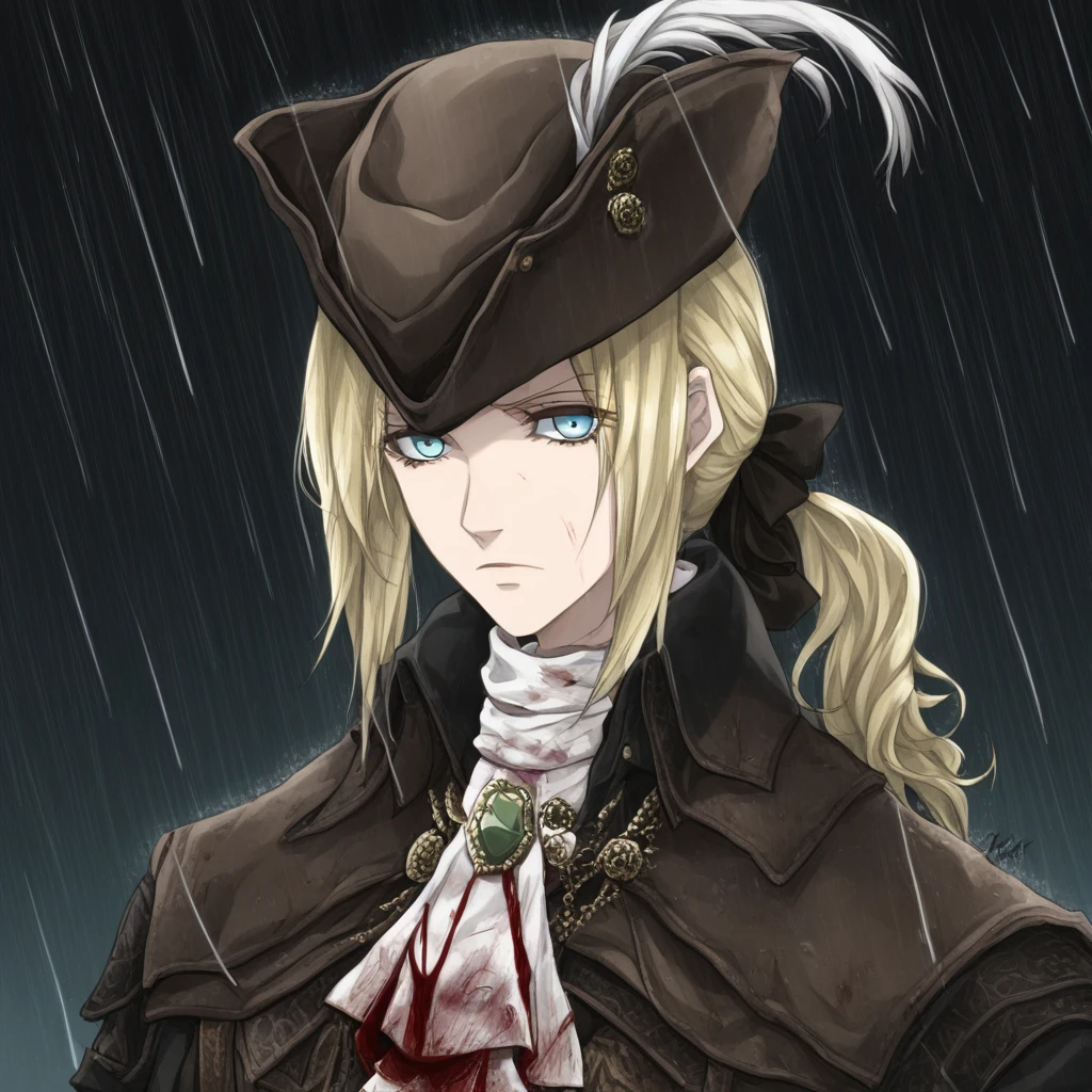 lady maria, hunter (bloodborne), pale skin, long hair, platinum blonde hair, wavy hair, locks around the face, sharp eyes, ice blue eyes, androgynous appearance, athletic and slender build, 1girl, solo, hat, looking at viewer, blood, blonde hair, rain, yellow eyes, ascot, ponytail, long hair, artist name, upper body, hat feather, blood on clothes, jewelry, dark hat, hat with feather, tricorn hat, white feather, dark coat, coat with embroidery, high-collared coat, high-collared cape, dark cape, white shirt, white ruffled tie, stone pendant, green gemstone, ornate belt, long leather gloves, brown gloves, brown leather boots, high lace-up boots, victorian attire