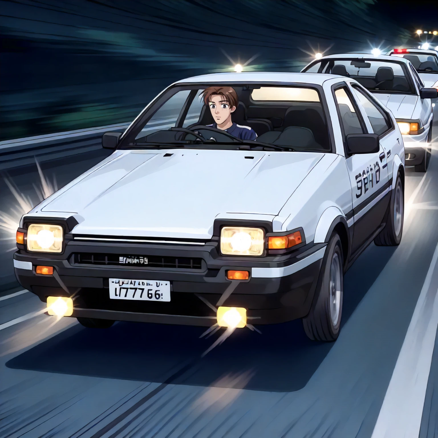 <lora:ID_TakumiFujiwaraXLpony006>,
outdoors,
solo,
TakumiFujiwara,1boy,short hair,brown hair,black eyes,
driving,
AE86,car,drift,lights,glowing,corner,motion_blur,motion line,speed_lines,high-speed,