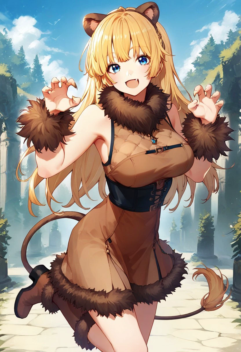 score_9,score_8_up,score_7_up, 
angelica_963, 1girl, animal ears, solo, dress, tail, blue eyes, smile, long hair, outdoors, fang, open mouth, fur trim, looking at viewer, breasts, fake animal ears, day,  claw pose, :d, blonde hair, sleeveless, standing on one leg, large breasts, boots, bangs, sleeveless dress,  brown dress, fur collar, angelica_animal