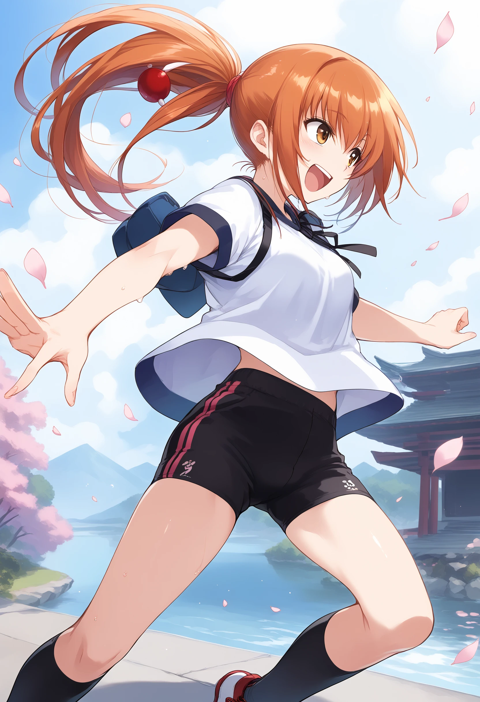 cowboy shot, side view, score_9, score_8_up, score_7_up, score_6_up, KazuKawa, 1 girl, , dynamic scene, source_anime, running, beautiful hands, perfect hands, BREAK wearing a tight white shirt, black gym tight pants, hair between eyes, ponytail, ginger hair, brown hair, sweating, happy, looking away BREAK sunny day, on the side of a river, Tokyo in background, cherry blossoms, <lora:KazuKawaV01.2:0.9>