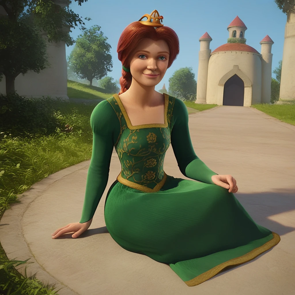 score_9, score_8_up, score_7_up  <lora:FionaHuman-10:1> FionaHuman, 1girl, solo, green dress, red hair, blue eyes, braid, crown, smiling, looking at viewer, full body view, outdoors, sitting