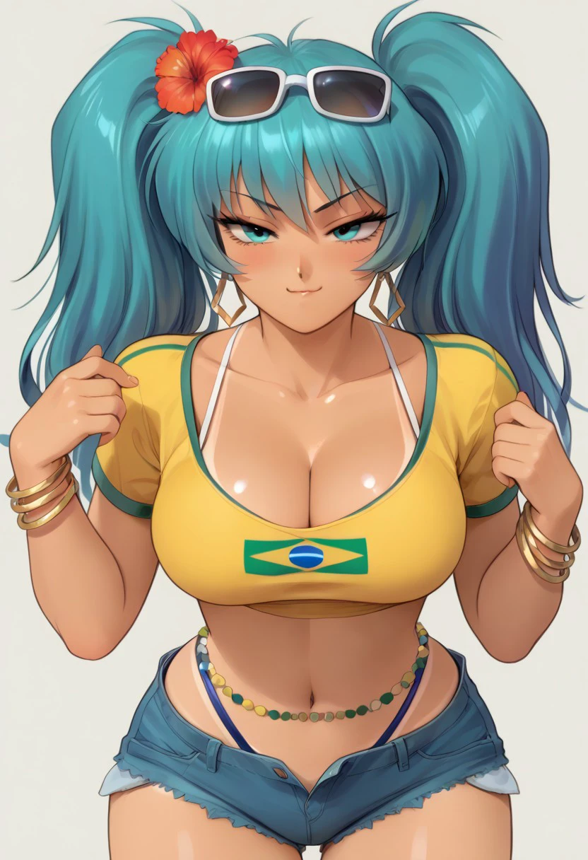 Kenichi Sonoda Style, ((onna Shachou)), 1990s_(style), score_9,score_8_up,score_7_up,score_6_up, cleavage, 1girl, solo, large breasts, shiny skin, perfection, ASCII,  beautiful face, sensual look, brazilianmiku,  perfect body, perfect breast, dark-skinned female, tanlines, twintails, hair flower,bombshell body, sexy pose, ((smug)), aqua eyes, sunglasses, eyewear on head, yellow shirt, cropped shirt, short sleeves, swimsuit, blue shorts, denim shorts, short shorts, beads, hoop earrings, bracelet, collarbone, midriff