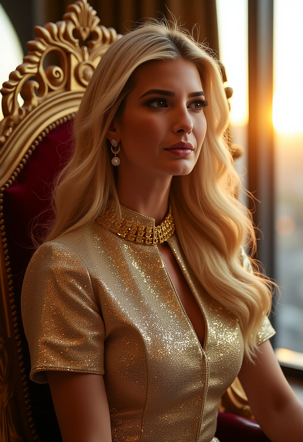 a photo of ivankatrump, a tall woman. She has long blond hair. She is wearing gold earrings and a golden necklace with a large diamond. She is looking to the side with a serious expression. She is wearing a decent high-necked golden dress. She is sitting on a large golden throne decorated with gold ornaments in an expensive suite in Trump Tower. The photo conveys a royal and luxurious feeling. The sun is setting, golden red sunlight is shining through large windows.
