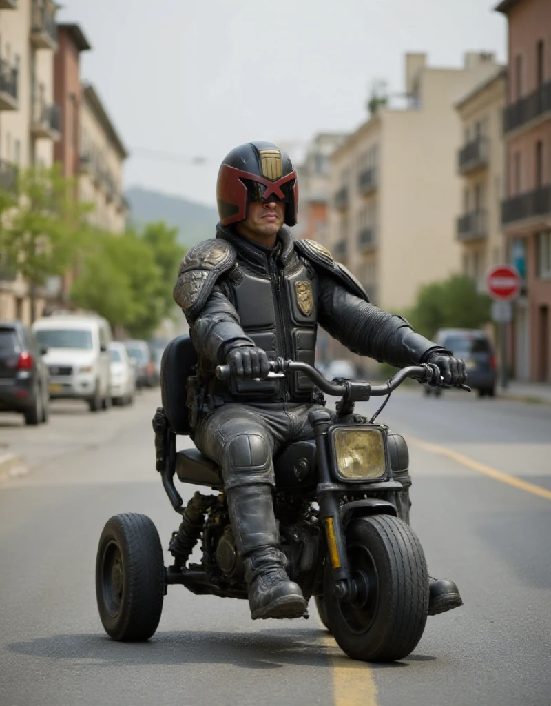 Dreed is an adult riding a mini tricycle in the street <lora:Dredd:0.9>