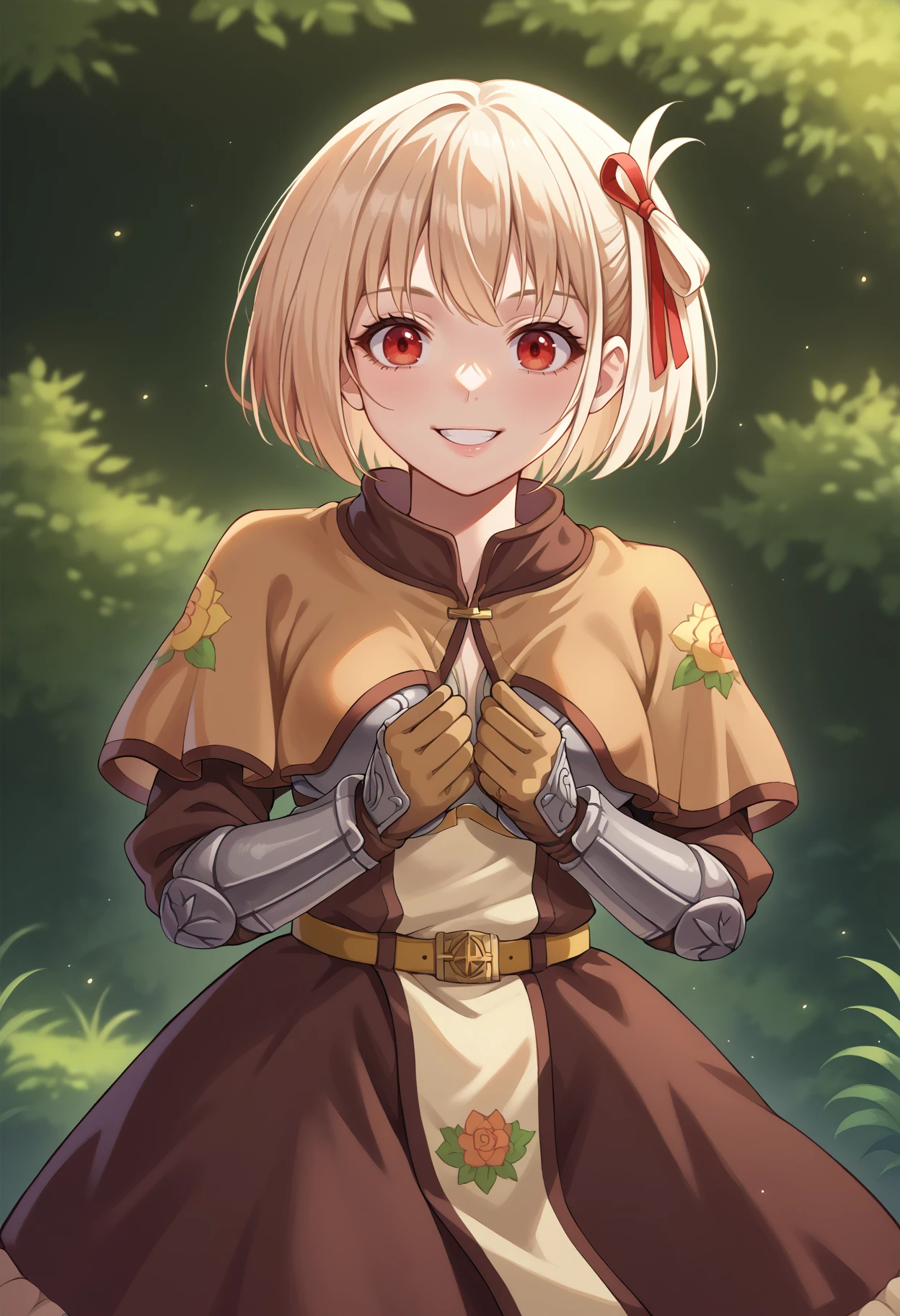 score_9, score_8_up, source_anime, 1girl, solo, chstnshkg, red eyes, short hair, hair ribbon, SwrdsmnClth, brown capelet, print capelet, floral print, breastplate, brown dress, gauntlets, brown gloves, belt, pelvic curtain, brown skirt, long skirt, outdoors, smile, <lora:ChamFemaleSwordsmanClothesPonyXL:1>, <lora:Hoseki_LycorisRecoil_ChisatoNishikigi_PDXL_v1:1>