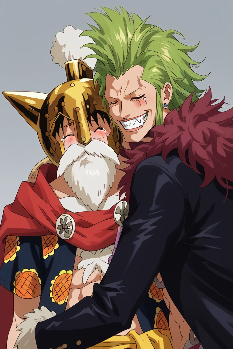 score_9, score_8_up, score_7_up, source_anime, rating_safe, hug from behind, gay couple focus, monkey d. luffy, white_Luffy_facial hair, closed eyes, 2ndboy, BartolomeoOP, green_Bartolomeo_male hair, wide smile, tears, 1stboy, best friends, cute wallpaper, happy-cheery