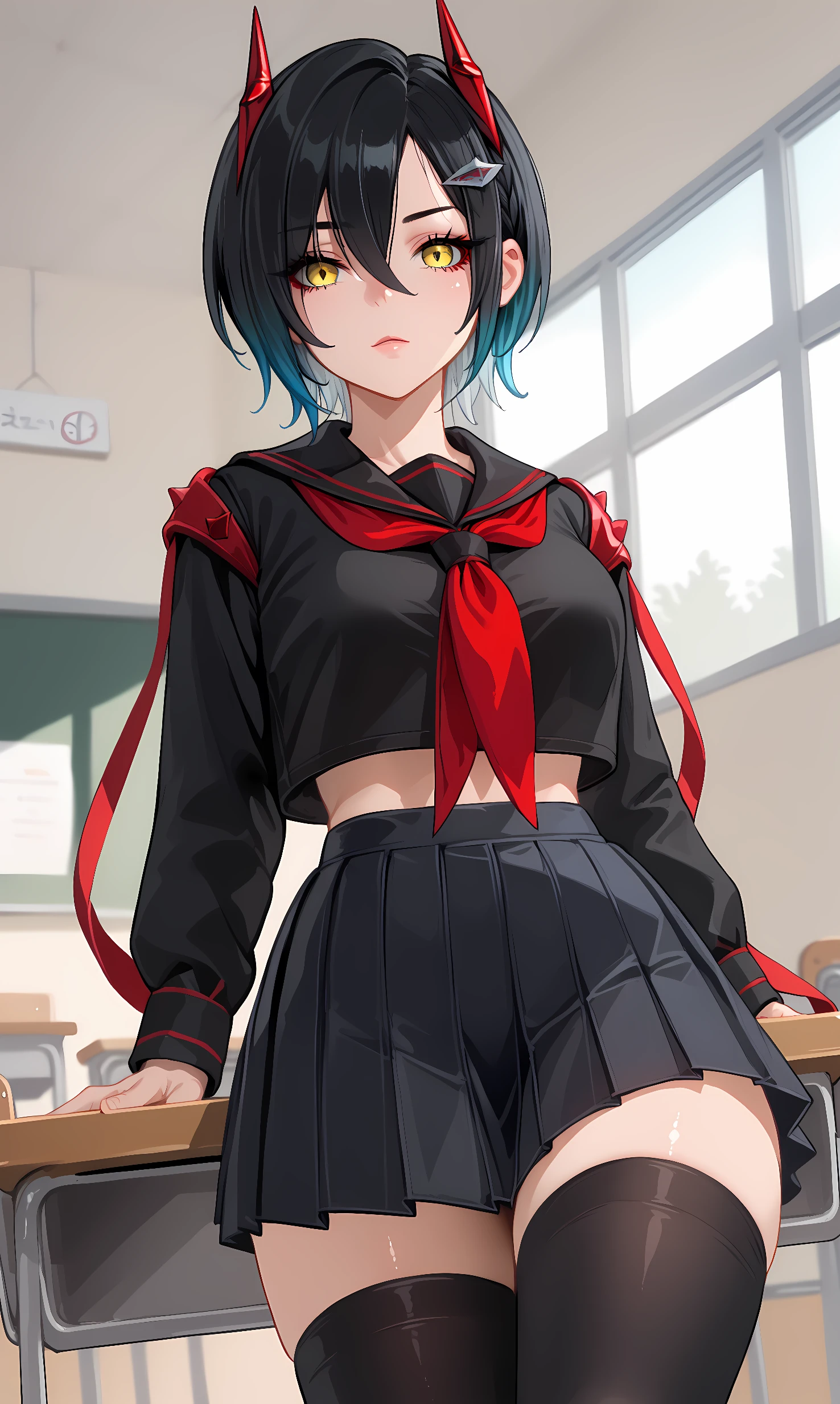 score_9, score_8_up, score_7_up, BREAK source_anime, 1girl, solo, indoors, classroom, cowboy shot, looking at viewer, shiny skin, ulrich, yellow eyes, black hair, short hair, gradient hair, red horns, hair ornament, school uniform, black shirt, long sleeves, midriff, red neckerchief, black skirt, pleated skirt, black thighhighs, zettai ryouiki, sitting, on desk, from below