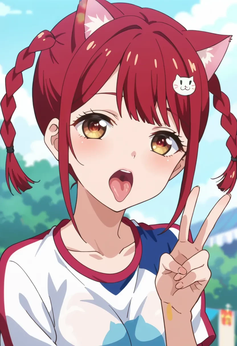 score_9, score_8_up, score_7_up, score_6_up,
source_anime, masterpiece, anime screencap,

Tokonome Mamori, source_anime, 1girl, solo, bangs, cat hair ornament, brown eyes, braid, red hair, twin braids

v, hand sign, close-up, ahegao