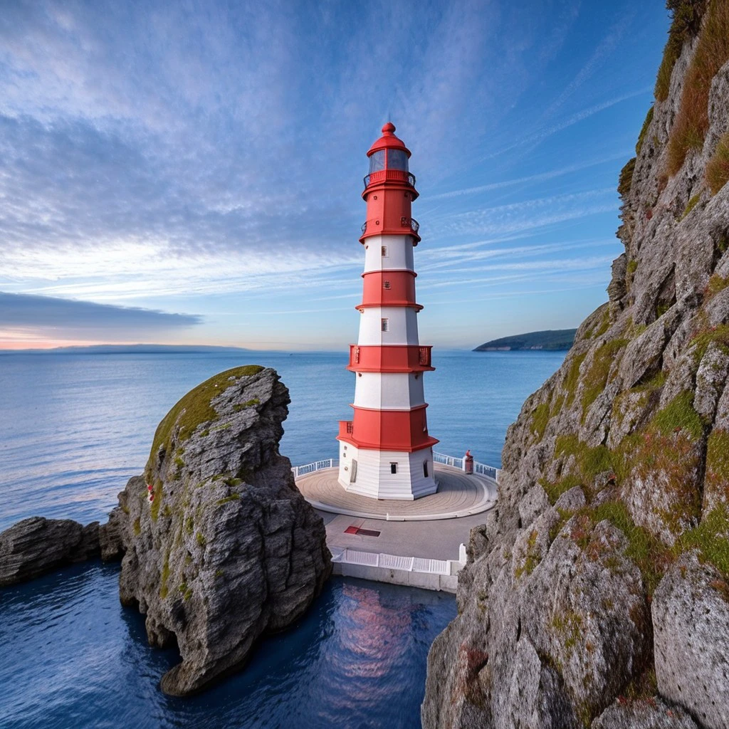 masterpiece, intricate photo, lighthouse with uniformly large red-white colored ring sections on a rock in the ocean, highly detailed, sharp focus, best quality, high resolution, 8K, LighthouseEmbedding:0.8