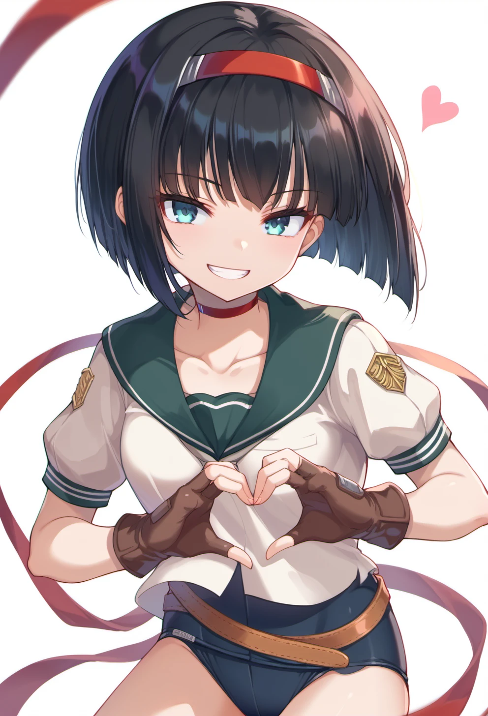 score_9, score_8_up, score_7_up, source anime, yuzuhara yuzumi, 1girl, solo, black hair, brown fingerless gloves, short hair, blue eyes, belt, short sleeves, school uniform, red hairband, red choker, socks, shirt, kneehighs, white shirt, medium breasts, collarbone, buruma, red ribbon, grin, heart hands, white background, <lora:yuzuhara_yuzumi-xl-pony-v2:1>,