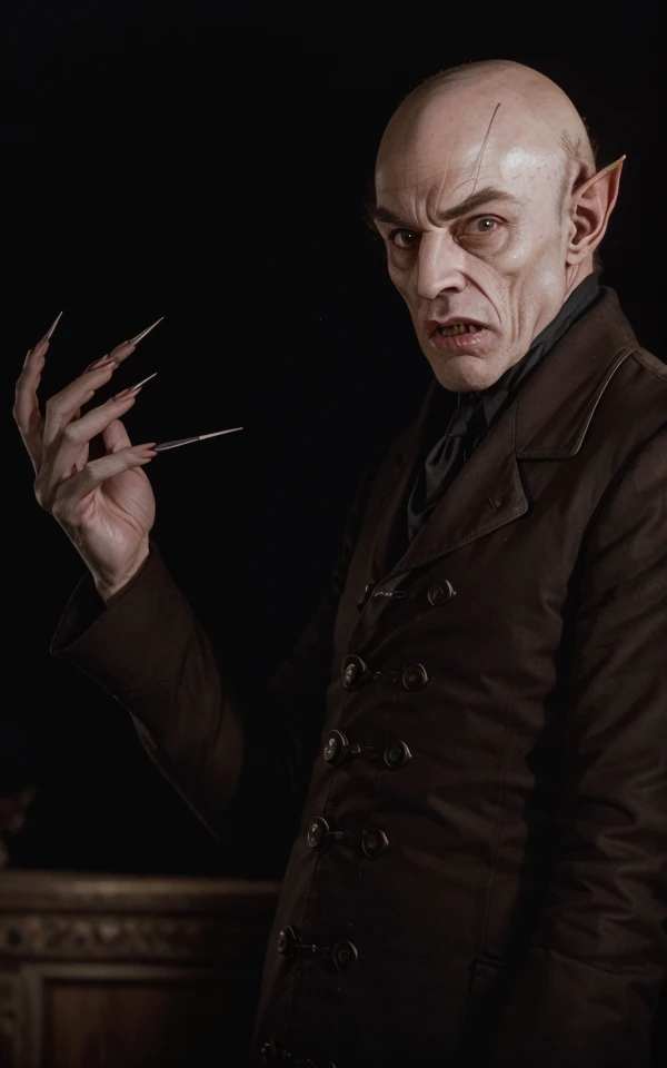 photorealism, High-resolution Photorealistic Image of dark background, portrait, <lora:Count_Orlok_Nosferatu:0.8> h3rrz0g0rl0k male, bald, long fingernails, coat, long sleeves, pointy ears, horror theme, bokeh, LDSR, Depth of Field, OverallDetail, intricate details, high resolution,