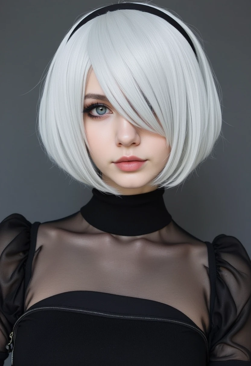 realistic photo, 2B yorha, platinum bob,

