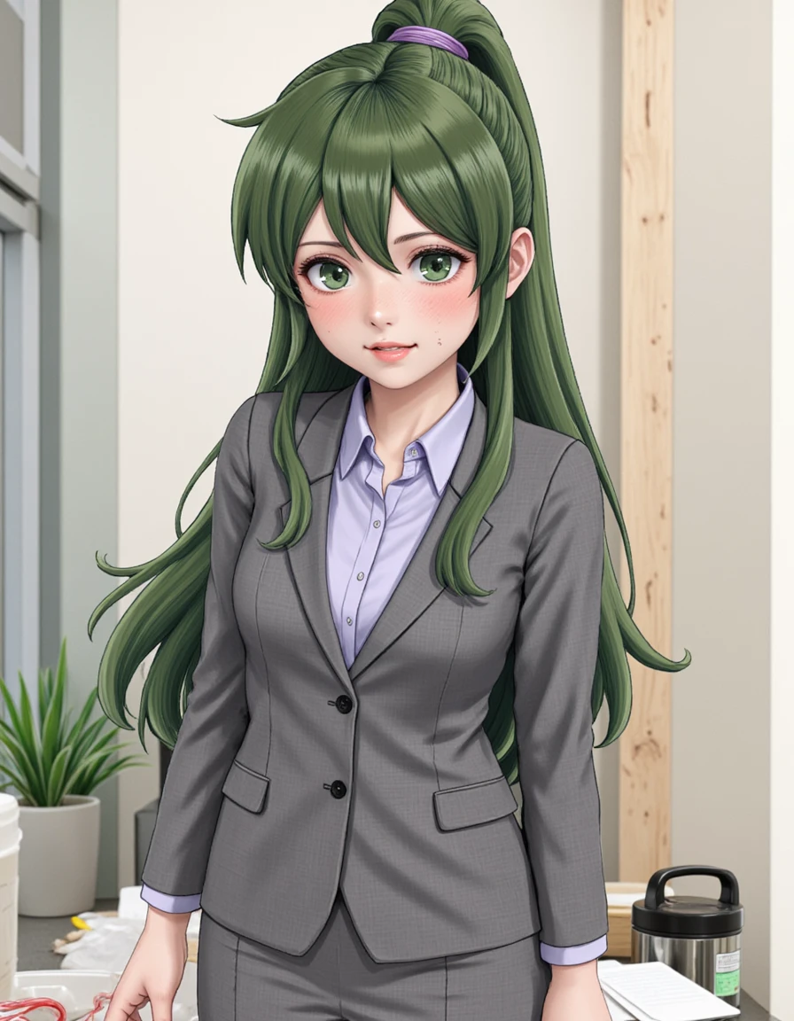 <lora:real-lora:1.3> (ultrarealistic:1.3)  <lora:igarashi-futaba:1> igarashifutaba standing in an office environment. She has fair skin and long, green hair tied back in a high ponytail with a purple hair tie. she is smiling with a smug expression. She is wearing a gray blazer over a white dress shirt, black tights, and black shoes.