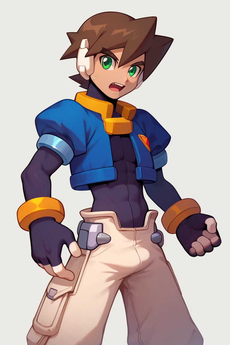 zPDXL2,vent \(mega man\),1boy,solo,male focus,green eyes,blue footwear,bracelet,brown hair,long sleeves,open mouth,pants,bodysuit,bodysuit under clothes,cropped jacket,puffy short sleeves,puffy sleeves,robot ears,fingerless gloves,gloves,short hair,short sleeves,white pants,cowboy shot,<lora:vent_Grey:1>,