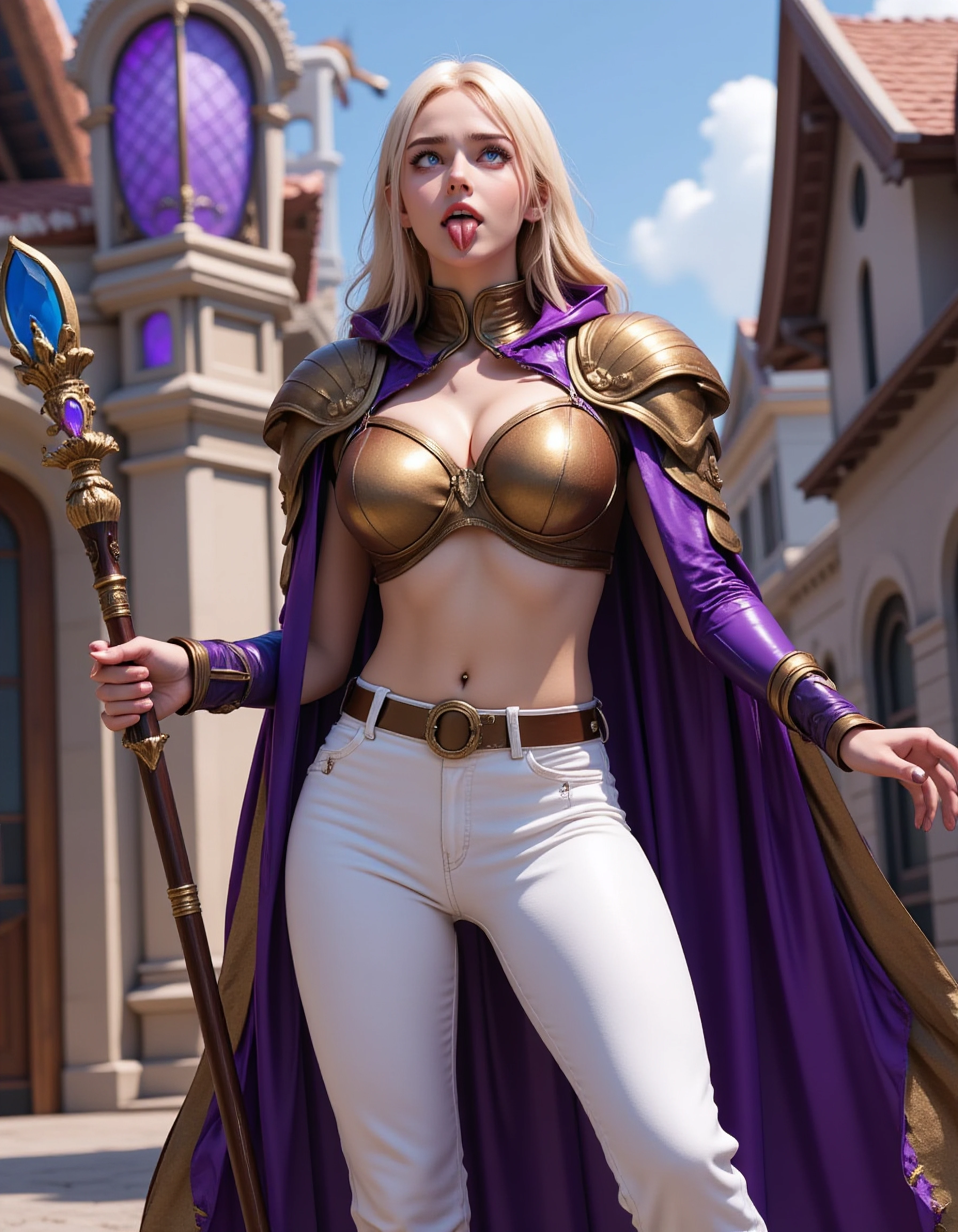 a beautiful woman, aesthetic and dynamic pose, female sorceress wearing ornate cropped metal breastplate with purple hooded cloak with pauldrons, blonde hair with some streaks on shoulder, wide white pants with purple boots, golden edgs on whole outfit, she is holding ornate staff with blue crystal on top, ornate fantasy town with purple stained glass domes on top on background, ahegao, crossed-eyes, open mouth, tongue out, looking up <lora:beauty_standard3:1>