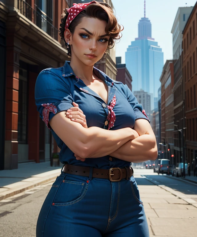 (masterpiece:1.2), best_quality, ultra-detailed, realistic, 1girl, (rosieriveter:1.5), (curvy:1.2), (short_hair:1.2), curly_hair, brown_hair, pompadour, blue_eyes, makeup, polka_dot_bandana, (RosieJumpsuit:1.2), blue_jumpsuit, sleeves rolled up, black_belt, (RosieFlexPoseFront:1.5), short_hair, brown_hair, blue_eyes, makeup, polka dot bandana, (flexing_bicep:1.2), (clenched_fist:1.2), (determined_expression:1.2), (smirk:1.2), (smug:1.2), cowboy_shot, (dramatic_lighting:1.2), <lora:RosieTheRiveterV1:1>