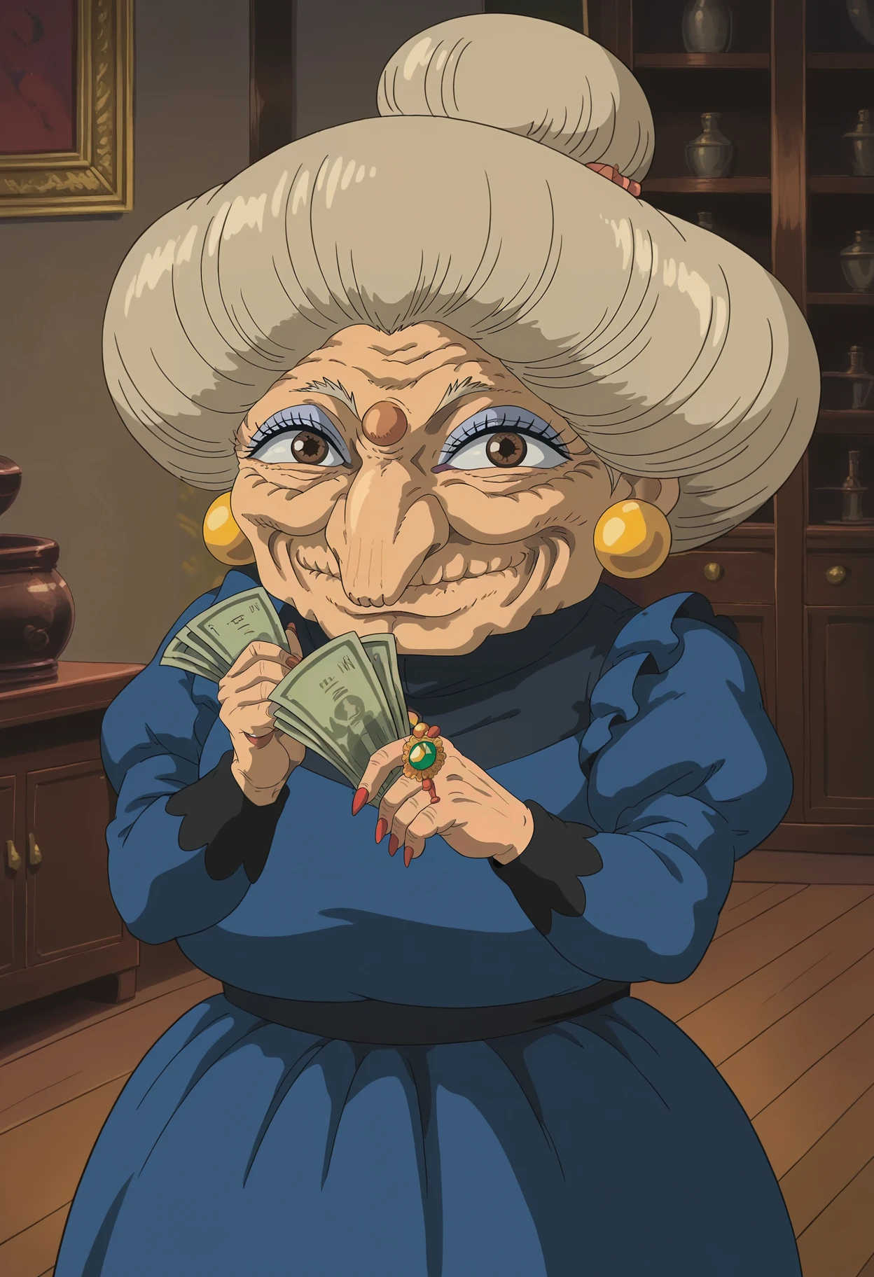 <lora:Yubaba-Sen_to_Chihiro_no_Kamikakushi:0.9>,Yubaba,old woman,1girl,solo,make up,grey hair,hair bun,single hair bun,brown eyes,blue dress,holding money, smile,indoors