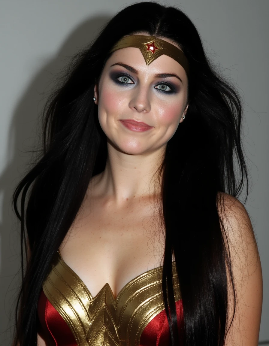 a professional photo of  a_lee with long flowing black hair and blue eyes dressed as wonder woman. She has dark eyeliner and eyeshadow. 
 <lora:AmyLeeFlux-000004:1>