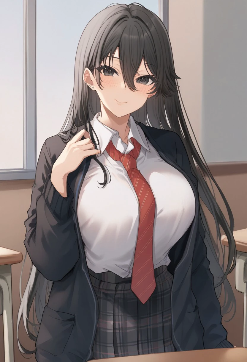 Shimuzu-san, Black hair, large breasts, black eyes, long hair, 1 girl, score_9, score_8_up, score_7_up, score_6_up, score_5_up, score_4_up ,BREAK source_anime, anime, smile, looking at viewer, school uniform, red necktie,