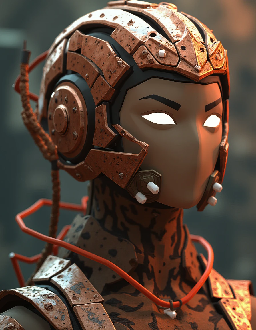 low poly, tacwiz style, A close-up of a biomechanical woman, her skin a fusion of organic flesh and gleaming copper chitin. Intricate plates of metallic armor intertwine with soft, living tissue, each segment moving seamlessly like a breathing organism. Her eyes, glowing faintly with an otherworldly energy, reflect the complexity of her design. Fine cables and organic tendrils pulse beneath her copper surface, hinting at a perfect harmony between metal and life. The texture of her chitin shimmers under the light, detailed with subtle engravings and mechanical joints. <lora:Tactical_Breach_Wizards_style:1.2>