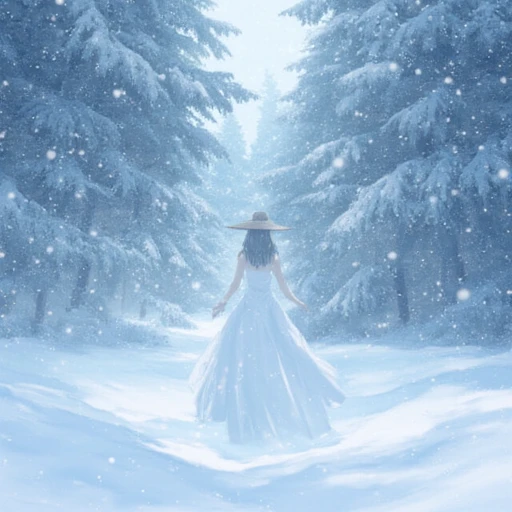 wintry atmosphere. In the foreground, giving it a ghostly, as if offering or receiving something., creating a sense of depth and vastness. The central focus is a lone figure, standing in a whimsical, with long, This is a digital artwork with a surreal, partially obscured by falling snow. The snow-covered ground and trees create a serene, ethereal appearance, sleeveless dress that complements the serene atmosphere.