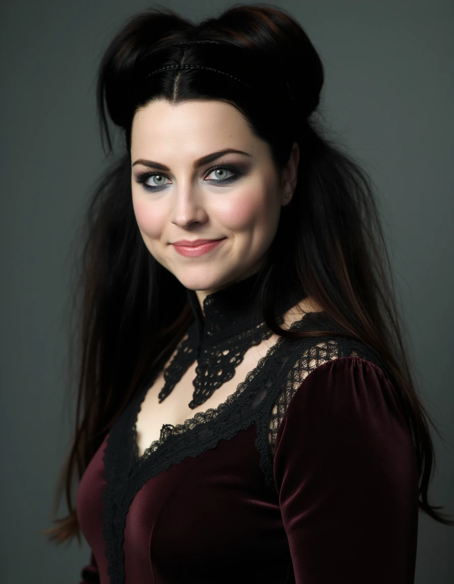 a professional photo of  a_lee with long flowing black hair blue eyes wearing victorian era clothing. She has dark eyeliner and eyeshadow. 
 <lora:AmyLeeFlux-000004:1>