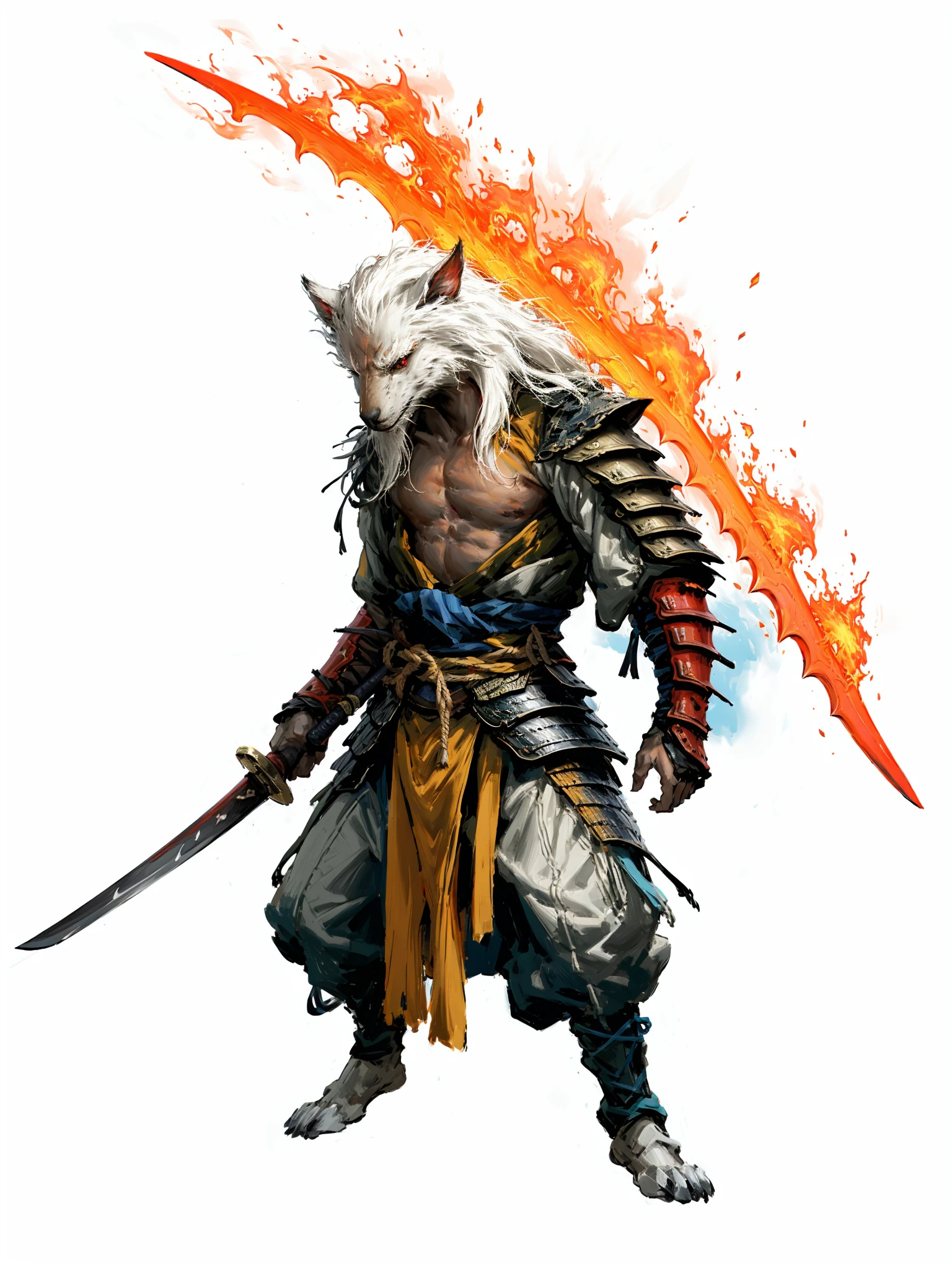 HEZI, game character, 2D, Black Myth Goku character, dark style, weapon, sword, holding, 1boy, holding sword, holding weapon, male focus, solo, flaming weapon, flaming sword, armor, furry male, furry, fire, red eyes, white hair, standing, full body, katana, simple background, japanese clothes, samurai, white background, sash, glowing weapon, japanese armor, looking at viewer, long hair, pants,<lora:é»æç©ºäººç©è®¾è®¡-000011:0.7>,