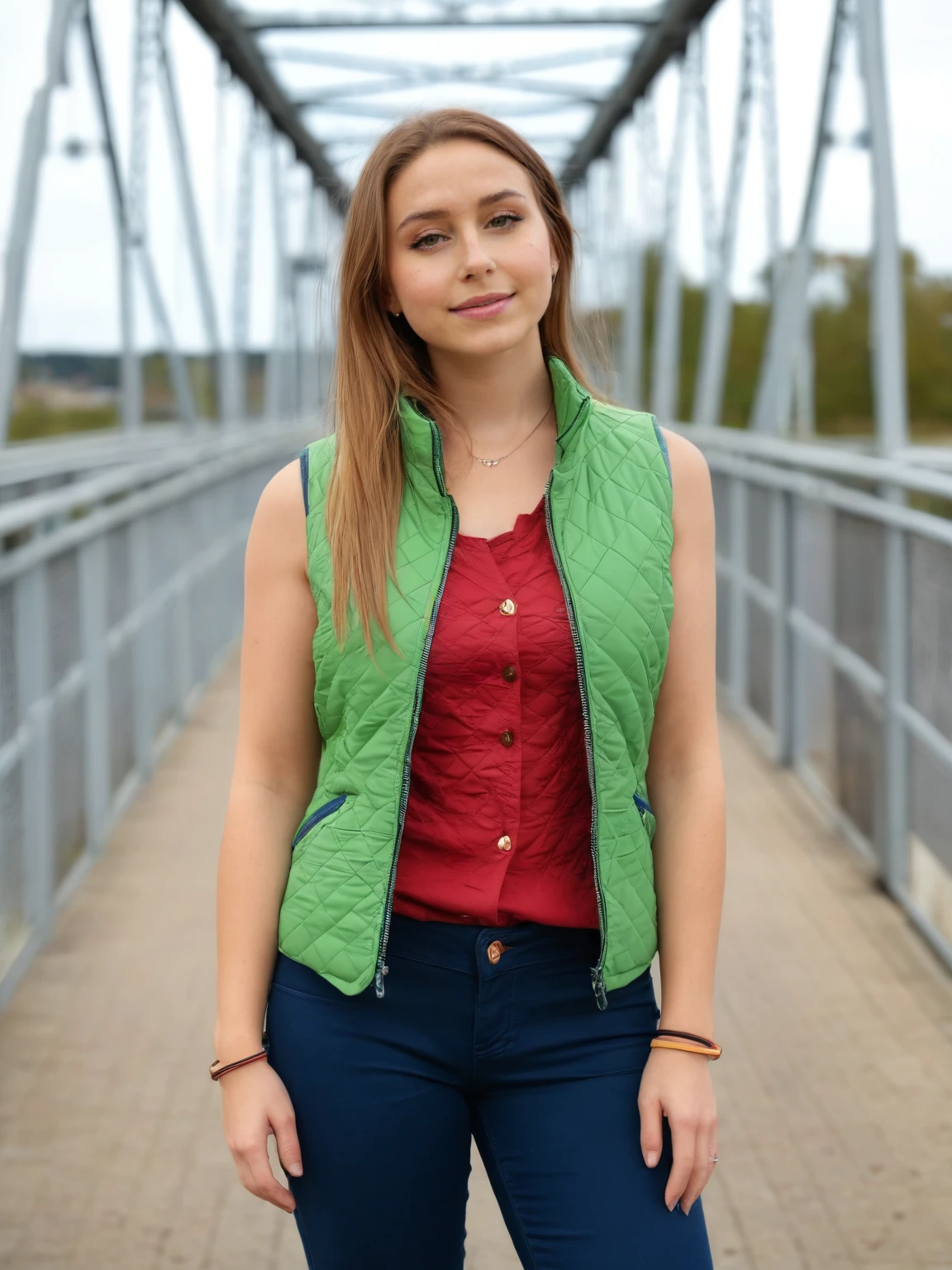 laneygr4y,a woman wearing quilted vest and skinny trousers, bridge,   <lora:laneygr4y-XL:1>