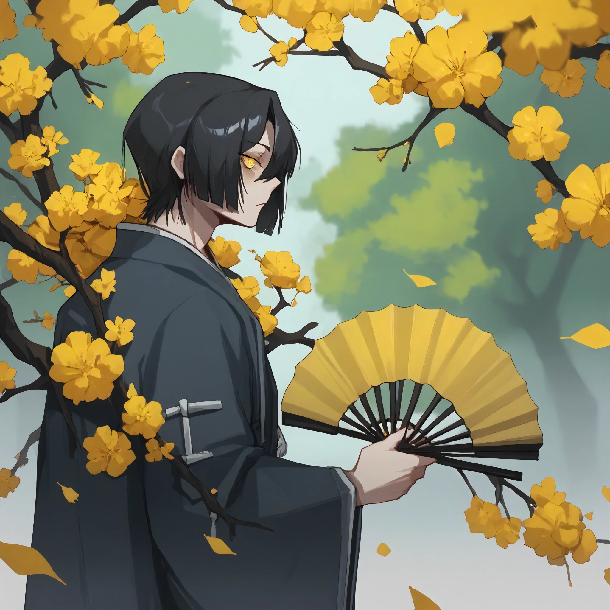 <lora:Art Style Limbus Story Art (Vellmori):1> l1mbu5v3ll,   solo,     <lora:yisang_spicebush:1> yi sang \(effloresced e.g.o::spicebush\), yellow flower, yellow eyes, flower over eye, branch, holding branch , folding fan, holding fan, wide sleeves, korean clothes, black coat,  black hair., score_9, score_8_up, score_7_up, score_6_up, score_5_up, score_4_up, masterpiece, detailxl. BREAK