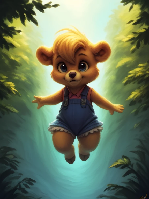 <lora:MollyCunninghambearDom:1> MollyCunninghambearDom, yellow wool, blue ribbons, white panties, shirt, shorts with suspenders, chibi,  small body,
Looks at the viewer, [ solo focus, nature, forest, day, clouds, waterfall,]  ((worm's-eye view,))
(beautiful, aesthetic, perfect, delicate, intricate, saturated colors), masterpiece, digital drawing, best quality,
by taran fiddler, by cynicalstarr, by personalami,