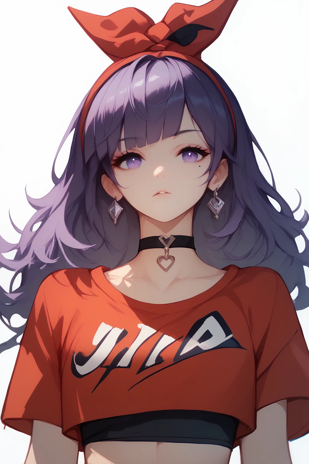 (score_9,score_8_up,score_7_up,),<lora:Kira-000021:1>,Kira,purple hair,long hair,red hairband,red shirt,mole under eye,purple eyes,choker,crop top,<lora:saitom_XL_PONY:0.6>,<lora:gg3:0.5>,Goth girl,angela balzac,upper_body,