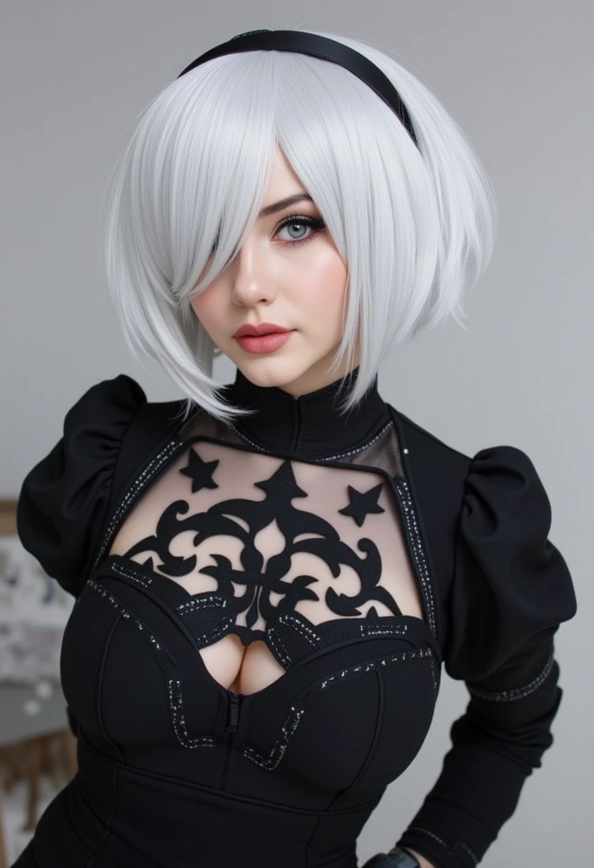 realistic photo, 2B yorha, platinum bob,

