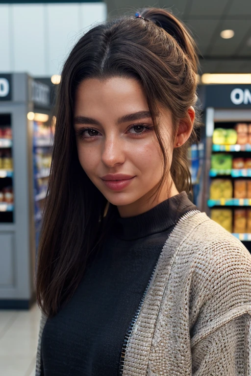 a breathtaking  photo of  a beautiful woman <lora:SonyaJessV1:1>, styled dark brown wavy hair, high ponytail, smile:0.5, long hair, looking at viewer, dutch angle, at the supermarket,  style of Tyler Shields:1.3, wearing a tight jumper and jeans, RAW candid cinema, 16mm, color graded portra 400 film, remarkable color, ultra realistic, textured skin, remarkable detailed pupils, realistic dull skin noise, visible skin detail, skin fuzz, dry skin, shot with cinematic camera, detailed skin texture, (blush:0.5), (goosebumps:0.5), subsurface scattering